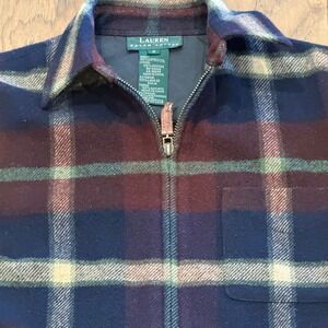 Lauren Ralph Lauren Lambswool Plaid Zip Up Shirt Jacket Navy Burgundy Womens S